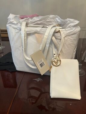 White Women's Tote with Matching Zip Wallet and Gold V Charm